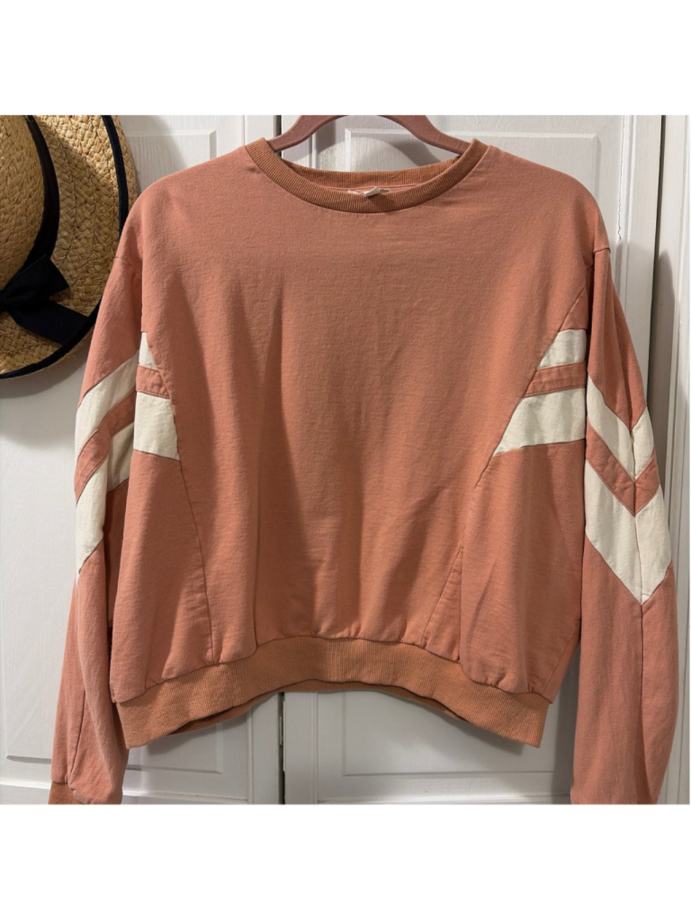 Women's Easel Sweatshirt Size S Salmon and White Striped Pullover